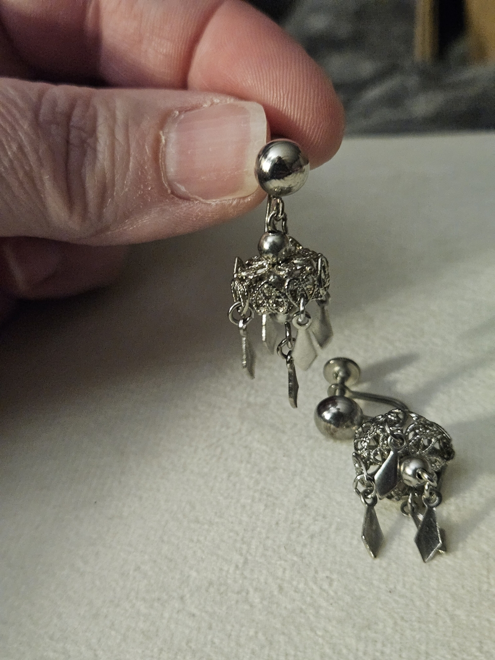 Silver Filigree Dangle Clip-On Earrings